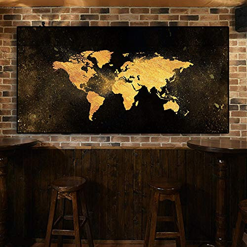 Abstrakt Svart Guld Världskarta Dukmålning Posters och tryck Nordisk väggkonstbild för vardagsrum Barnrumsdekor 50x100cm Ramlös