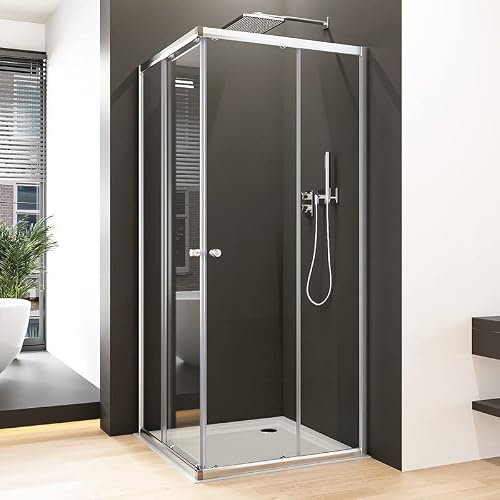 Eckeinstieg Duschkabine 90x90cm Doppel Schiebetür Duschabtrennung, Goezes 90x90cm Dusche Schiebetüren Duschkabine mit 6mm ESG Sicherheitsglas, Eckdusche Glas Duschwand Duschtür Höhe 185cm