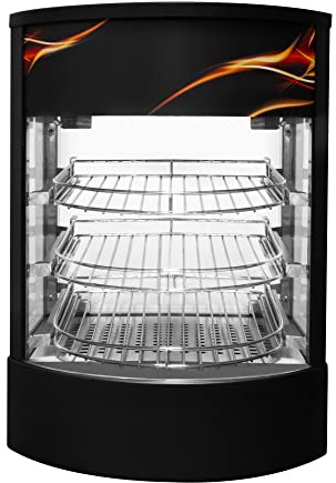 Food Warmer Cabinet Countertop Heated Glass Display Commercial Hot Food Pizza Pie Showcase Unit Black Steel Electric 30-85°C Temperature Control Switch Internal Light 3 Tier Wire Shelving FREE Tongs