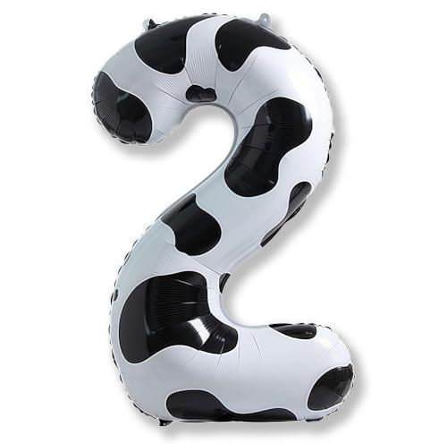 Kuh Deko Luftballon 2, 40 Zoll Helium Zahl 2 Luftballon Kinder Geburtstagsdeko, Folienballons Riesen Zahlen Ballon 2 für Mädchen Jungen Bauernhof Tierthema 2. Geburtstag Cowgirl Cowboy Party Deko