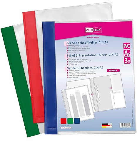 VELOFLEX 4741003 – Snabb häftapparat VELOFORM, 3 stycken, DIN A4, PVC, kristallklart framlock, lämplig för broschyrfodral, grön röd blå