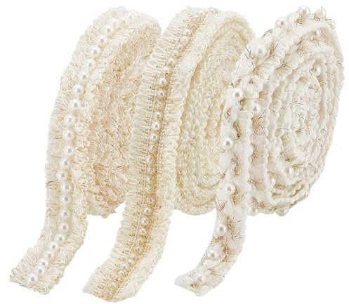 PH PandaHall 5.5m Nastro con Perle Nastro di Pizzo Intrecciato Beige, 3 Stili Cordoncino di Rivestimento in Tessuto di Poliestere per Costumi Cucito Abiti da Sposa Artigianali Fai Da Te