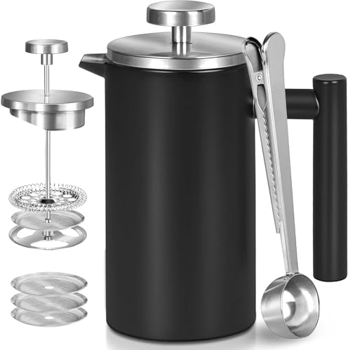 Wrobic French Press Caffettiera 1 Litro Doppia Parete Isolata Pressa Francese 1000 ml Ulteriori 3 Filtri e Cucchiai Caffè Pressa Francese per Casa, Campeggio e Ufficio, Nero