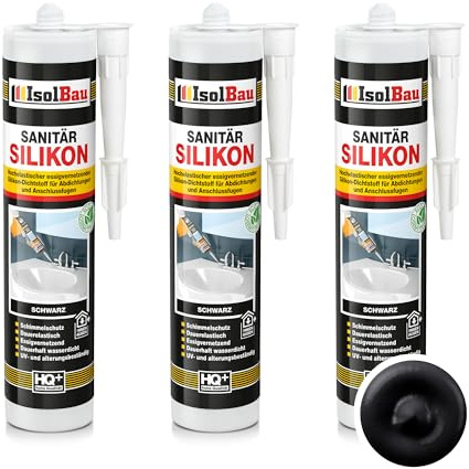 Isolbau Sanitär Silikon 3 x 300 ml Schwarz - Hochelastischer Silikon-Dichtstoff für Abdichtungen & Fugen - wasserdicht - Kartusche