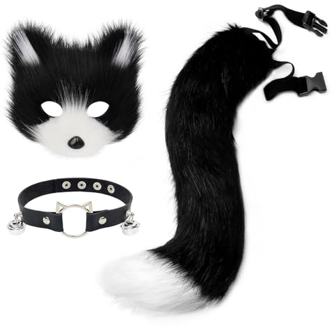 hbbhml Faux Fur Fox Mask Wolf Cat Fluffy Tail and Leather Necklace Set Halloween Party Cosplay Costume Accessory