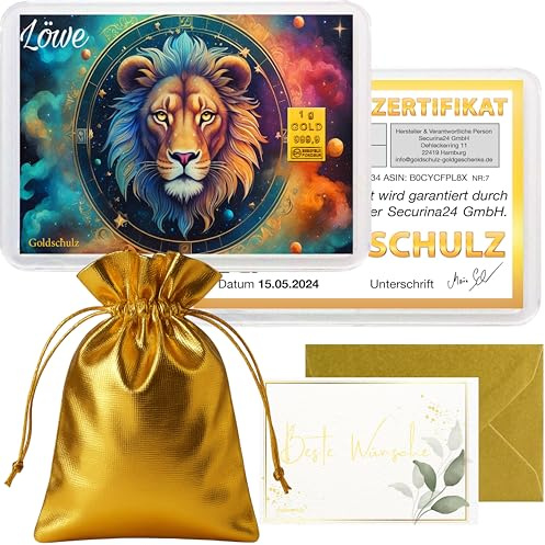 Goldschulz Goldbarren 1g 1 Gramm Motivbox - Sternzeichen Löwe - Geschenk + Echtheitszertifikat