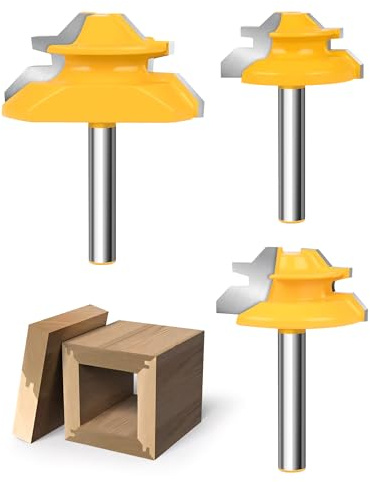 Allmake Fräser-Bits, 3 Stück, Gehrungsfräser-Bits, 1/4-Zoll-Schaft, 45-Grad-Verriegelung, Gehrungsgelenk-Fräser-Set für Holzbearbeitung, Schränke, Schubladen, Schattenboxen, funktioniert mit Vorräten
