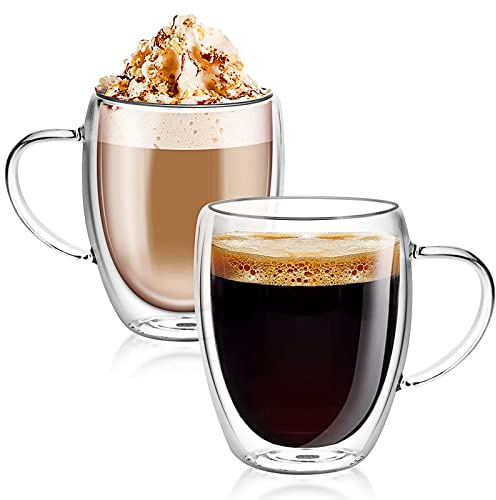 AstraLoom Double Walled Coffee Mug Set - 350ml×2 Glass Coffee Mugs with Handle, Insulated for Hot/Cold Drinks, Perfect for Tea/Juice/Cappuccino/Espresso (Transparent)