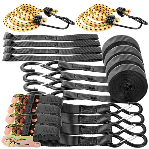 SHUESS Spanngurte (4er-Pack) - 2.5cmx5m spanngurte mit ratsche (800kg Bruchlast) - Spanngurte mit S Haken für LKW, Ladung, Umzüge, Geräte -2 elastische Kordeln