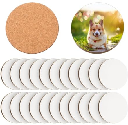 Giyofom 24 Stück Sublimationsuntersetzer, 10,2 X 10,2 cm, Hartfaserplatten-Untersetzer, Leere Kork- und MDF-Untersetzer, Sublimations-Autountersetzer