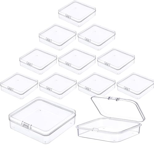 Prmape 12 Stück Aufbewahrungsbox mit Deckel Klein, 9.5 * 9.5 * 2.8cm Kleine Klar Kunststoff Perlen Aufbewahrung Behälter Box, Rechteckige Leere Mini-Aufbewahrungsbox für Bastelzubehör
