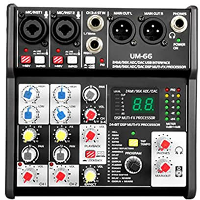 FHPEWXDG Mélangeur à 4 canaux, Carte Son, Console de mixage Audio, 16 Effets intégrés, avec Interface Audio USB, Prend en Charge Une Batterie Externe 5V