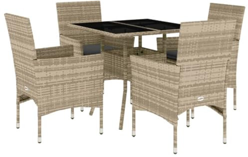 HETFTJN Biergarnitur Bierzeltgarnitur Balkonmöbel Sitzgruppe Outdoor - 5-TLG. Garten-Essgruppe mit Kissen Hellgrau Poly Rattan Glas für Balkon Hof Restaurant Terrasse