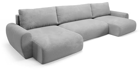 PAMIR24 Ecksofa U-Form mit Schlaffunktion und Bettkasten Cordstoff Sofa Schlafsofa Couch POSS (Grau)