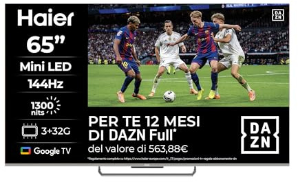 Haier Mini LED 4K UHD H65M90EUX 65'' Smart TV, Google TV, Dolby Atmos e Dolby Vision, 144Hz, HDR 10, Google TV, Processore Quad Core, Bluetooth 5.1, DBX TV, HDMI 2.1 x 4 [2024]