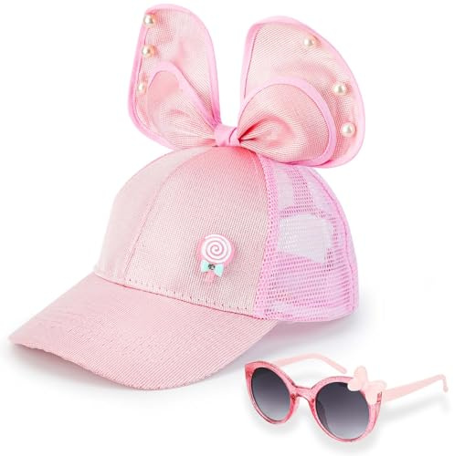 Barn Basecap solglasögon för flickor, tecknad basebollkeps med 3D-kaninöron, musöron, stor rosett justerbar snapback-keps sommar basebollkeps med andningsbar mesh solhatt flickor, ROSA, 2-7 år
