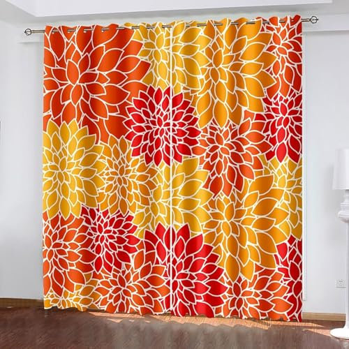Lirzxin Lichtdichte Vorhänge 229 cm Lang, Gardinen Lichtundurchlässig mit Ösen 2er Set Orange Rot Gelb Chrysanthemen Muster Vorhang für Wohnzimmer Schlafzimmer Kinderzimmer, 152x229 cm(BxH)