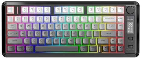 FREEWOLF M75 Teclado inalámbrico de Modo Dual, BT+2.4G, Control de Perilla y Pantalla, Teclas PBT compactas con Degradado de 82 Teclas, luz arcoíris, QWERTY, Anti-ghosting Completo para Mac/Win-Negro