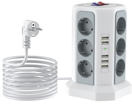 COLSTAR 17-IN-1 Steckdosenleiste mit 5 USB, Mehrfachsteckdose mit Schalter, 12 Fach Steckdosenturm mit 2M Verlängerungskabel für Büro Küche Tisch (weiß)