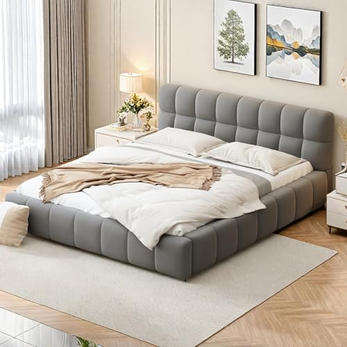 FEEOHOME Lit rembourré 140x200cm, Cadre de lit Double avec sommier à Lattes, lit Jeune à Bulles avec tête de lit rembourrée, Convient aux Matelas de 15-20cm, sans Matelas, Tissu en Lin, Gris