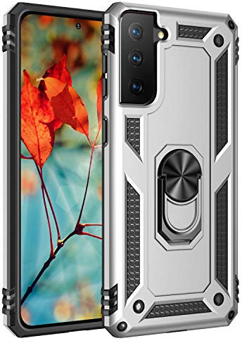 yanzi Compatible with SamSung Galaxy S21 FE Phone Case(2021)+3D Tempered Glass[Military-Shockproof]-[Kickstand] Bumper TPU Silicone Protection Smartphone Cover for Galaxy S21 FE-Silver