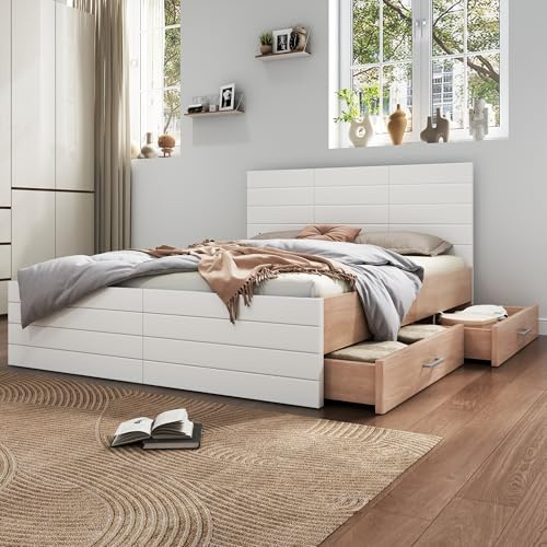 Crlnaup Doppelbett Holzbett Bettanlage 180×200cm mit 2 Schubladen,Modernes Bett inkl. Bettgestell &Lattenrost-207×80×185cm (L×H×B) Set in Eiche/Weiß(Ohne Matratze)