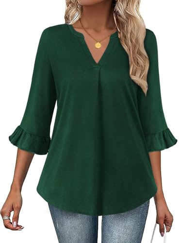 Siddhe Damen Casual Bluse, V Ausschnitt 3/4 Volant Ärmel Longbluse Elegante Lose Longshirt Einfarbige Oberteile Basic Shirts für Büro Arbeit Herbst Winter, Dunkelgrün XL