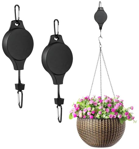 2Pcs Hanging Basket Pulley, Adjustable Heavy Duty Plant Hanger Hook, Flower Basket Hook with Locking Pulley System, Retractable Hook Basket for Hanging Baskets, Bird Feeders & Outdoor Planters
