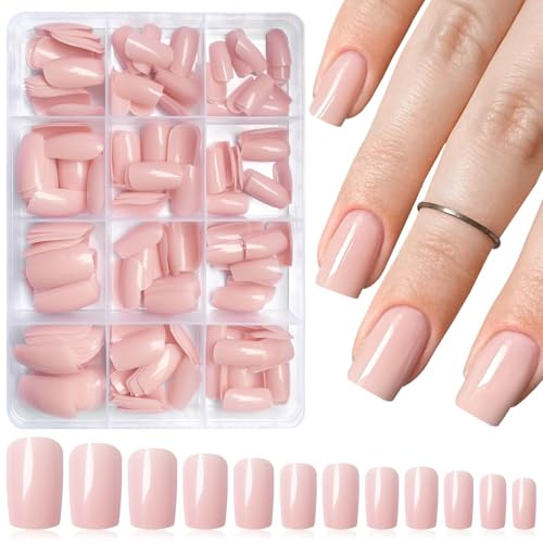 Auroriel 240 Pezzi Finti Unghie Nude Quadrate Medie Copertura Completa Set Unghie Finte Lucide per Donne Ragazze Decorazione Manicure Riutilizzabili
