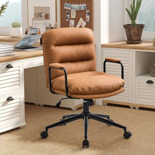 Ckaff Homeoffice Stuhl, Bürostuhl aus PU Leder, Schreibtischstuhl mit Doppellagiges Sitze, Höhenverstellbar Drehstuhl Schminkstuhl 120° Wippfunktion Computerstuhl für Schlafzimmer Büro, Braun