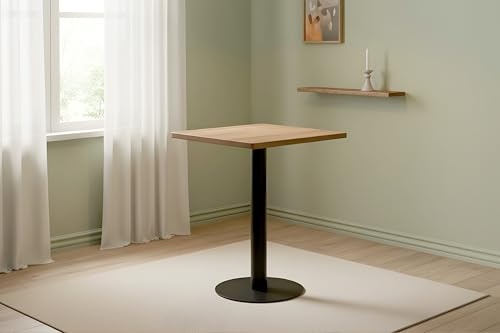 SAM Bistrotisch Emile | 70 x 70 cm rund | Akazienholz massiv | Farbe: Natur | runde Kante | schwarzes Säulengestell aus Metall | Säulentisch/Esstisch für Küche, Café & Essbereich