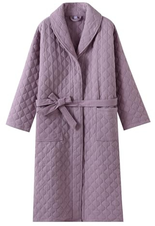 UUNBS Women 100% Cotton Gauze Winter Robe Warm ThickQuilted Fluffy Housecoat Cozy Lightweight Spa Bathrobes,Purple,L