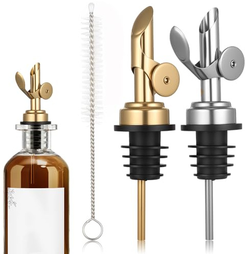 2 PCS Oil Spout, Olive Oil Pour Spout, Self Closing Liquor Bottle Pourers, Weighted Stainless Steel PourerSpout, Vinegar, Syrup, Gold and Silver