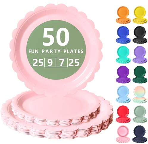 Nkaiso 50 Pcs Light Pink Disposable Party Paper Plates Set | 25x9inch & 25x38inch Scalloped Party Plates Elegant Disposable Tableware for Birthday, Wedding, BBQ Party Supplies