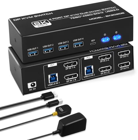 Displayport KVM Switch 2 PC 2 moniteurs 8K60Hz - Commutateur KVM USB 3.0 double moniteur prend en charge le mode d'extension et de copie, avec contrôleur de bureau et câble pour 2 PC, 2 moniteurs