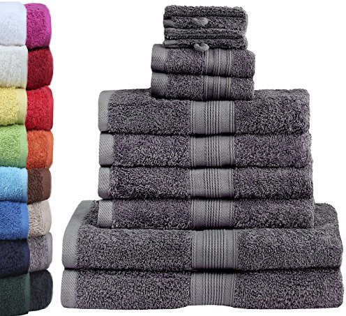 GREEN MARK Textilien 10 TLG. FROTTIER Handtuch-Set mit verschiedenen Größen 4X Handtücher, 2X Duschtücher, 2X Gästetücher, 2X Waschhandschuhe | Farbe: Anthrazit grau | Premium Qualität