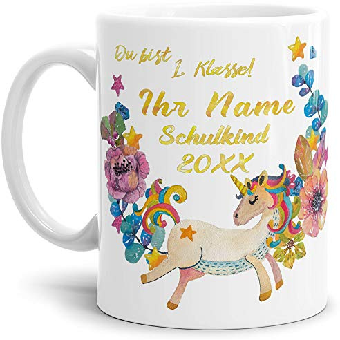 Einschulungs-Tasse Einhorn - ABC-Schütze/Schule/Kind / 1. Klasse/Geschenk zur Einschulung/Schul-klasse/Personalisiert/mit Name und Jahr/Weiss