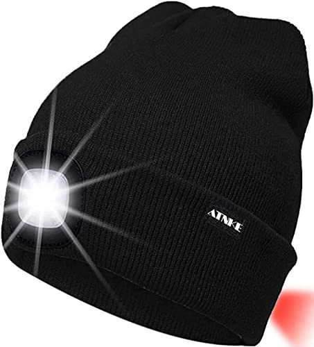 ATNKE 8LED beleuchtete Strickmütze, wiederaufladbare USB-Scheinwerferkappe mit extrem Heller, wasserdichter Lampe und Blinkender Alarm Rotes Rücklicht Multi-Color/Black