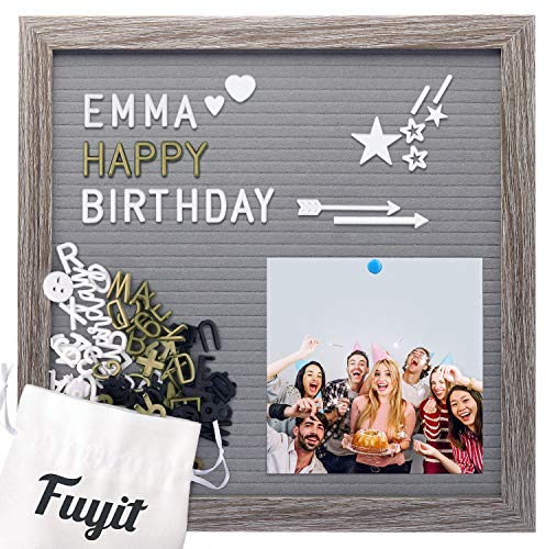 Fuyit Felt Letter Board Holz und Filz 12x12,Grau EVA Veränderbar Buchstaben Board Retro Felt mit 600 Weiß&Gold&Schwarz Buchstaben&Zahlen und Emojis&Kursive Wörter,Ständer und Beutel