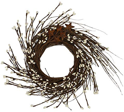 CVHOMEDECO. Primitives Rustic Pip Berries and Twig with Rusty Barn Stars Wreath, 10-Inch, Ivory