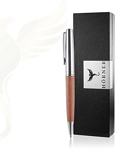 Hörner Legno Design Kugelschreiber I Premium Geschenk-Box I Blaue Tinte I Strichstärke M 1 mm I Drehkugelschreiber I Hochwertiges Etui mit Holzkugelschreiber I Stift für Männer und Frauen