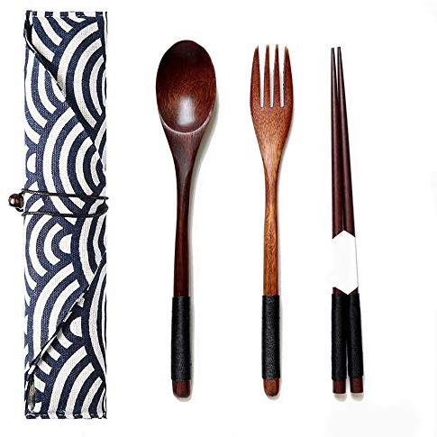 Ensemble de Couverts en Bois, 3 Pièces Réutilisables, pour le Camping et la Cuisine