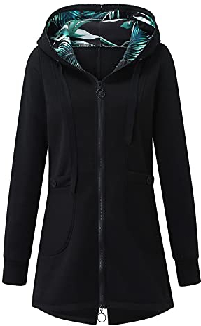 Sudadera larga con capucha para mujer, talla grande, con cremallera, manga larga, para otoño e invierno, con capucha, Negro , XXXL