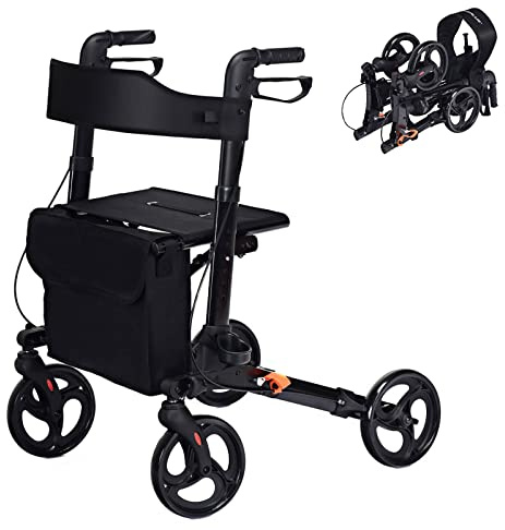 Maxmass Lightweight Rollator Walker, 4 Wheeled Walker with Soft Seat, Bag and Adjustable Armrest, Folding Mobility Aid (Black)