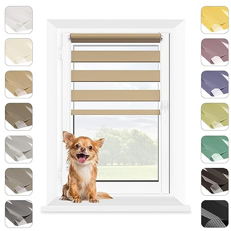 Mardom Duo Rollo Tag Nacht Ohne Bohren Klemmfix Beige, 95x140 cm (Stoffbreite: 91) Doppelrollo Fensterrollo Innen mit Click-System, Sichtschutz Rollo Geraffte Stoffbahn Classic, Jalousie