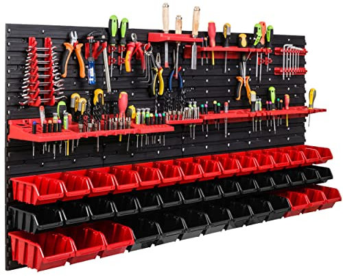 Système de rangement étagère d'atelier | 156 x 78 cm | Boîte de 51 pièces | Étagère murale avec supports à outils et boîtes empilables - Plaques murales extra solides - Étagère murale perforée -