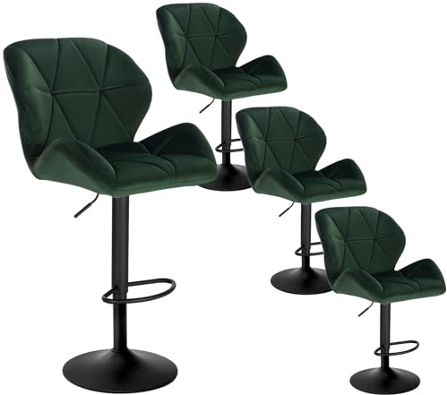 WOLTU Barhocker 4er Set, Barstuhl Höhenverstellbar, Samt, Dunkelgrün | Drehbarer Bar Stool mit Rückenlehne, Fußstütze, Robuster Metallrahmen, für Küche und Hausbar