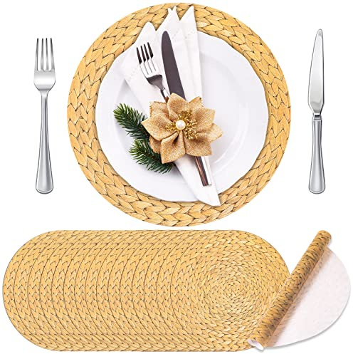 TaoBary 100 Pcs Disposable Wooden Slice Woven Paper Placemats Rustic Charger Round Place Mat Bulk Table Paper Placemat for Farmhouse Birthday Wedding Dinner Baby Shower Party Supplies (Woven)