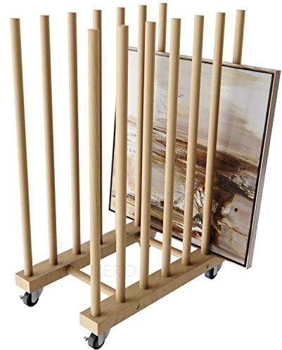 UNZERO Kunstregal mit Lenkrollen, Holzständer für Leinwand, Panel, Rahmen, Zeichenbrett, Drucksachen, Papierblock, Trägerplatte