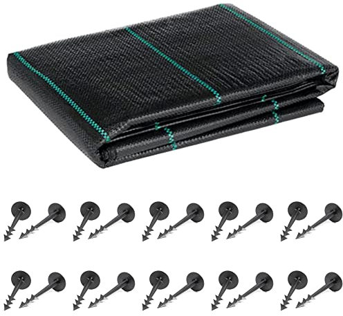 1.5 x 25 m / 4.9 x 82.0 ft Weed Control Membrane, Weed Control Woven Fabric, Ground Cover Sheet, 100GSM, UV Stabilised, Weed Barrier Mat for Gardens, Patios, Flower Beds, Landscaping (Black) + 20 Pegs